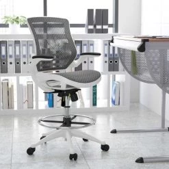 Flash Furniture Gray/White Mid-Back Drafting Chair - Flip-Up Arms