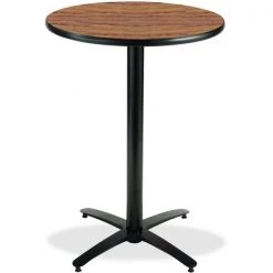 Round KFI 36in Medium Oak Breakroom Table with Arched X Base, 42 W, 36 L, 42 H, HPL Top, Medium Oak