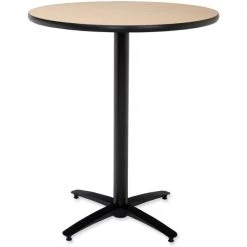 Round KFI 36in Natural Breakroom Table with Arched X Base, 42 W, 36 L, 42 H, HPL Top, Natural