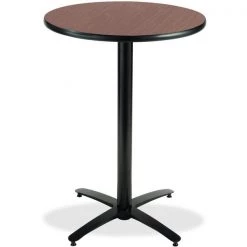 KFI 30" Round Bar Height Breakroom Table, Dark Mahogany Finish, Arched X-Base, 42 W, 30 L, 42 H