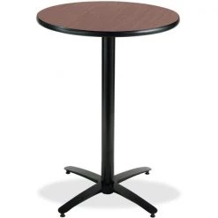 Round KFI 36in Dark Mahogany Breakroom Table with Arched X Base, 42 W, 36 L, 42 H, HPL Top