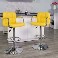 Flash Furniture Yellow Quilted Vinyl Adjustable Height Barstool, Arms, Chrome Base, PK2