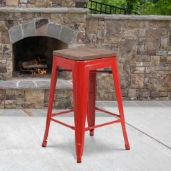 Flash Furniture Metal Counter Stool, 24", Red, Seat Material: Wood