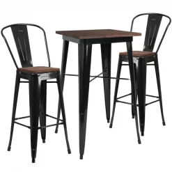 Flash Furniture Square Black Metal Bar Table Set with Wo, 26" W, 26" L, 42" H, Wood Top, Wood Grain