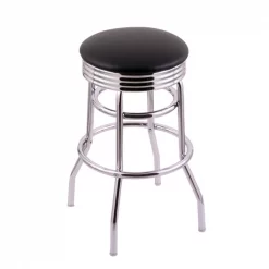 Holland Bar Stool Co. 25" Counter Stool, Chrome Finish, Accent Ring, Blk Vinyl Seat, 360 Swivel