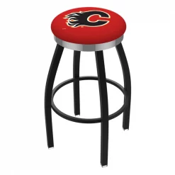 Holland Bar Stool Co. 25" Blk Wrinkle Calgary Flames Swivel Bar Stool, Chrome Ring