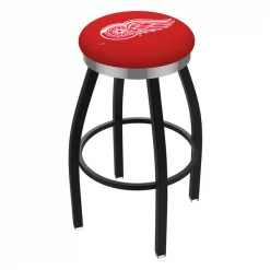 Holland Bar Stool Co. 25" Blk Wrinkle Detroit Red Wings Swivel Bar Stool, Chrome Ring