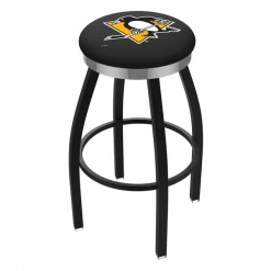 Holland Bar Stool Co. 30" Blk Wrinkle Pittsburgh Penguins Swivel Bar Stool, Chrome Ring