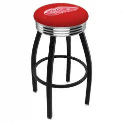 Holland Bar Stool Co. 30" Blk Wrinkle Detroit Red Wings Swivel Bar Stool, Chrome Ring