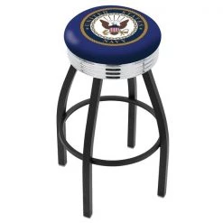 Holland Bar Stool Co. 25" Blk Wrinkle U.S. Navy Swivel Bar Stool, Chrome Ring