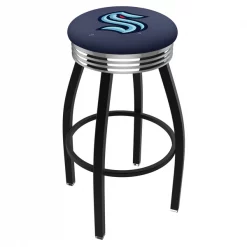 Holland Bar Stool Co 25" Black Wrinkle Seattle Kraken Swivel Bar Stool, Chrome Accent Ring