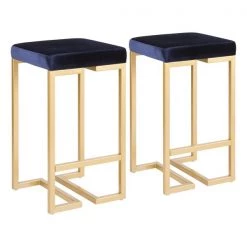 Lumisource Midas Counter Stool in Gold with Blue Velvet Cushion, PK 2