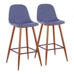 Lumisource Pebble Barstool in Walnut Metal and Blue Fabric, PK 2