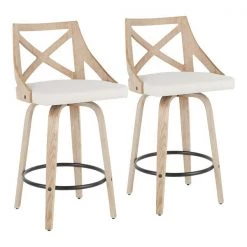 Lumisource Charlotte Counter Stool in White Washed Wood and Cream Fabric, PK 2