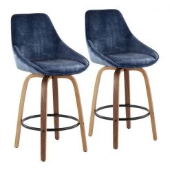 Lumisource Diana Counter Stool in Walnut Wood and Blue Velvet, PK 2