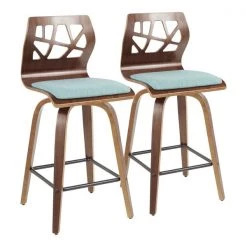 Lumisource Folia Counter Stool in Walnut Wood and Teal Fabric, PK 2