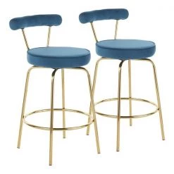 Lumisource Rhonda Counter Stool in Gold Metal and Blue Velvet, PK 2