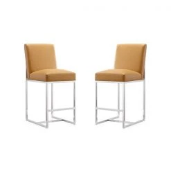 Manhattan Comfort Element 24" Faux Leather Counter Stool in Camel and Polished Chrome (Set of 2)