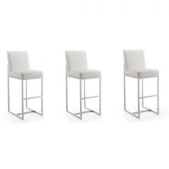 Manhattan Comfort Element 29" Faux Leather Bar Stool in Pearl White and Polished Chrome (Set of 3)
