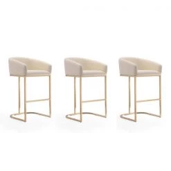 Manhattan Comfort Louvre Barstool in Cream and Titanium Gold (Set of 3)