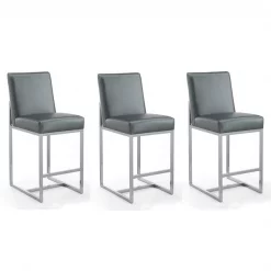 Manhattan Comfort Element 24" Faux Leather Counter Stool in Graphite and Polished Chrome (Set of 3)