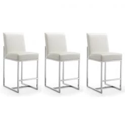 Manhattan Comfort Element 24" Faux Leather Counter Stool in Pearl White and Polished Chrome (Set of 3)
