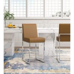 Manhattan Comfort Element 24" Faux Leather Counter Stool in Camel and Polished Chrome -Kitchen & Dining Furniture Sales Store Manhattan20Comfort CS003 CL B