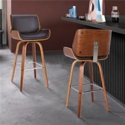 Armen Living LCTYBABRWA26 37.5 H x 20 W x 20 D 26 in. Tyler Mid-Century Swivel Counter Height Barstool in Brown Faux Leather with Walnut Veneer