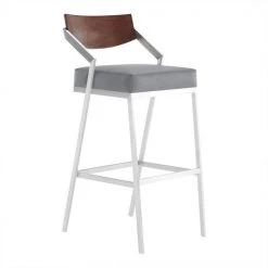 Armen Living LCDKBABSGR30 26 in. Dakota Mid-Century Counter Height Barstool; Brushed Stainless Steel with Grey Faux Leather & Walnut Wood Finish Back