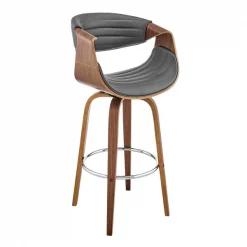Armen Living LCAYBAWAGR30 30 in. Arya Swivel Bar Stool; Gray Faux Leather & Walnut Wood