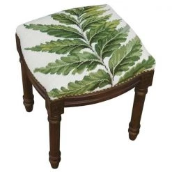123 Creations C819FS 100 Percent Wool Fern Needlepoint Upholstered Solid Wood Vanity Stool - Wood Stain