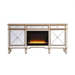 Living District MF61072G-F2 72 in. Contempo Mirrored Credenza with Crystal Fireplace; Antique Gold