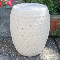 Fixturesfirst Perforated Drum Ceramic Garden Stool; Antique White Glaze