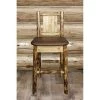 Montana Woodworks MWGCBSWNR24SADDLZBEAR Glacier Country Counter Height Barstool with Back - Saddle Upholstery with Laser Engraved Bear Design