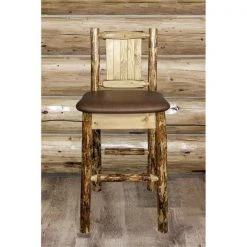 Montana Woodworks MWGCBSWNR24SADDLZBEAR Glacier Country Counter Height Barstool with Back - Saddle Upholstery with Laser Engraved Bear Design