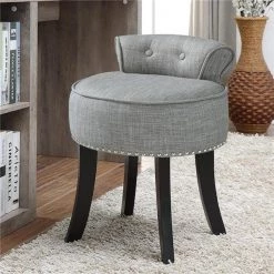 Posh Living Alena Linen Contemporary Nailhead Trim Rolled Back Vanity Stool - Grey