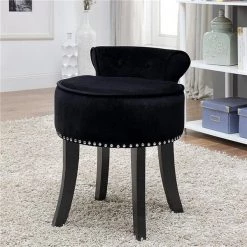 Posh Living VS52-02BK-UE Alena Velvet Contemporary Nailhead Trim Rolled Back Vanity Stool; Black - 22.8 x 17.9 x 19 in.