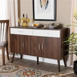 Baxton Studio CA 5712-00-Columbia-White-Sideboard Leena Mid-Century Modern Two-Tone Wood 2-Drawer Sideboard Buffet; White & Walnut