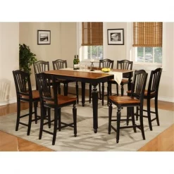 East West Furniture CHEL9-BLK-W Chelsea 9PC Set with Gathering 54 in. square counter height table and 8 wood seat stools