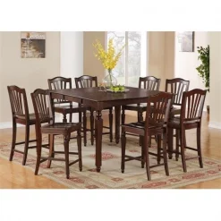 East West Furniture CHEL9-MAH-W Chelsea 9PC Set with Gathering 54 in. square counter height table and 8 wood seat stools