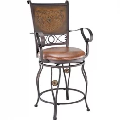 Chesterfield Leather Big & Tall Copper Stamped Back Counter Stool with Arms - Bronze Powder Coat