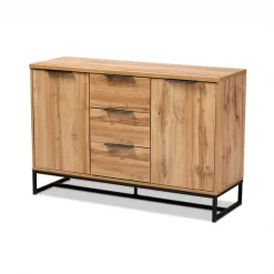 Baxton Studio Reid Oak Finished Wood and Black Metal 3-Drawer Sideboard Buffet