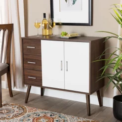 Baxton Studio Leena White and Walnut Brown Finished Wood 3-Drawer Sideboard Buffet -Kitchen & Dining Furniture Sales Store Wholesale20Interiors20Inc 10455xx7