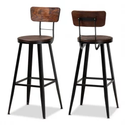 Baxton Studio Kenna Wood and Black Metal Finished 2-Piece Metal Bar Stool Set