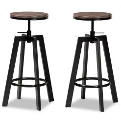 Baxton Studio Maritta Wood and Black Metal 2-Piece Adjustable Swivel Bar Stool Set
