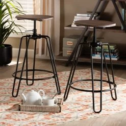Baxton Studio Veera Wood and Black Metal 2-Piece Adjustable Swivel Bar Stool Set -Kitchen & Dining Furniture Sales Store Wholesale20Interiors20Inc 10785xx4