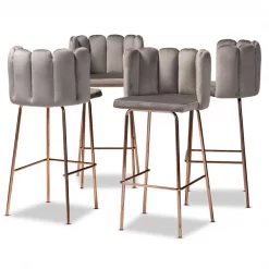 Baxton Studio Kaelin Grey Velvet Upholstered and Gold Finished 4-Piece Bar Stool Set