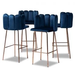 Baxton Studio Kaelin Blue Velvet Upholstered and Gold Finished 4-Piece Bar Stool Set