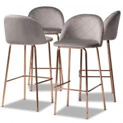 Baxton Studio Addie Grey Velvet Upholstered and Gold Finished 4-Piece Bar Stool Set