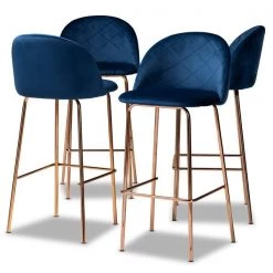 Baxton Studio Addie Blue Velvet Upholstered and Gold Finished 4-Piece Bar Stool Set